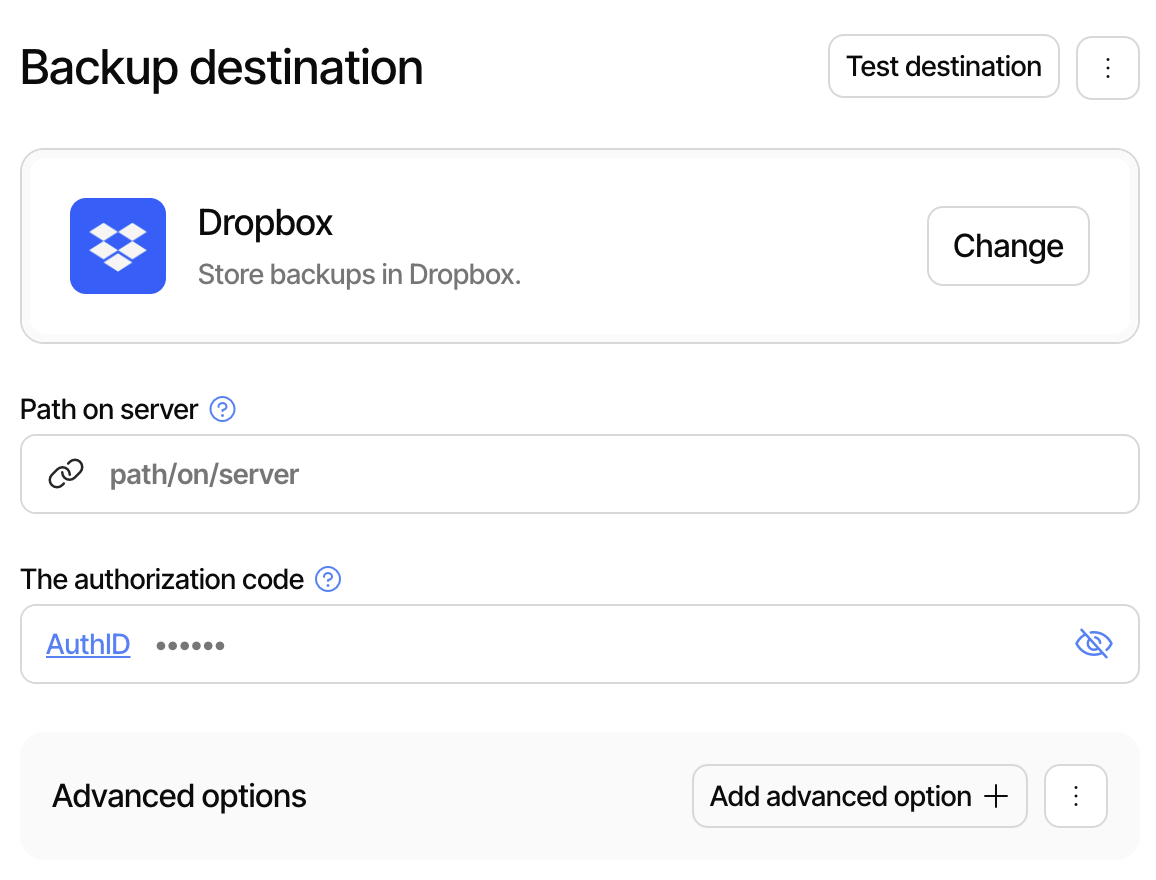 View of the configuration of the Dropbox destination