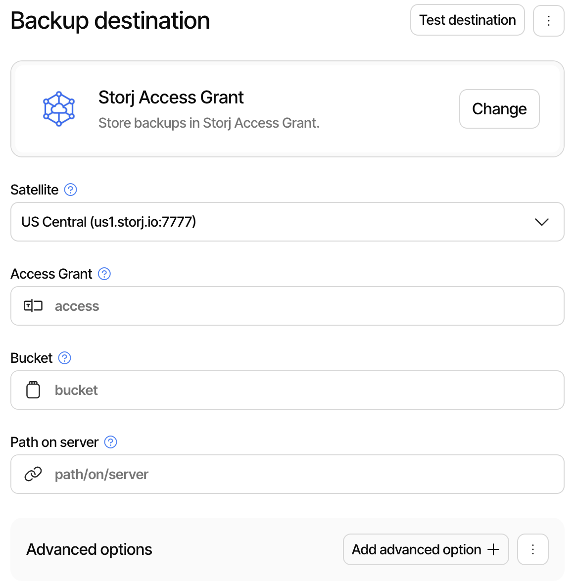 Configure the Storj destination