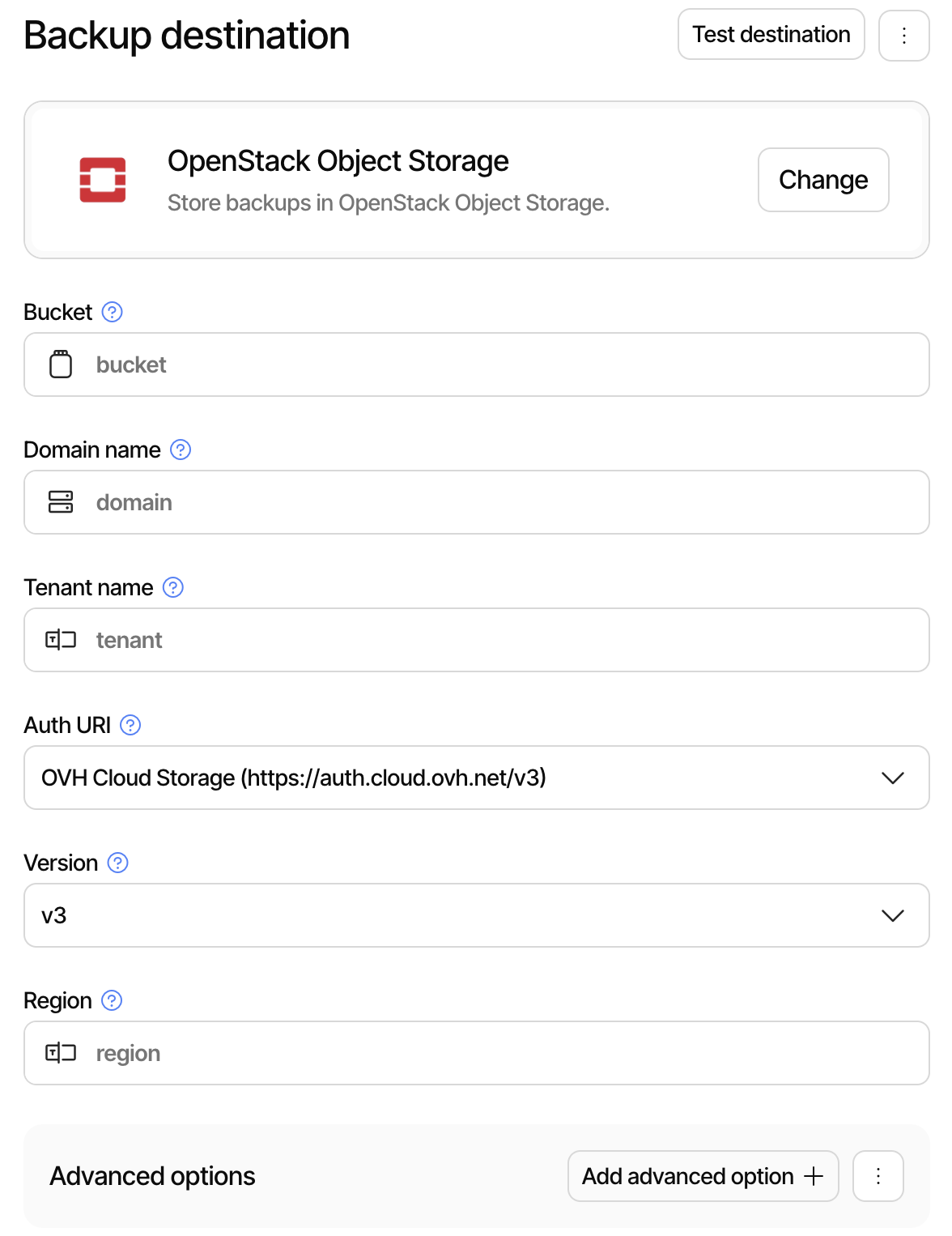 View of the OpenStack destination configuration