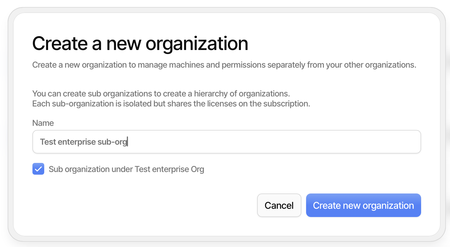 Image showing the create organization dialog