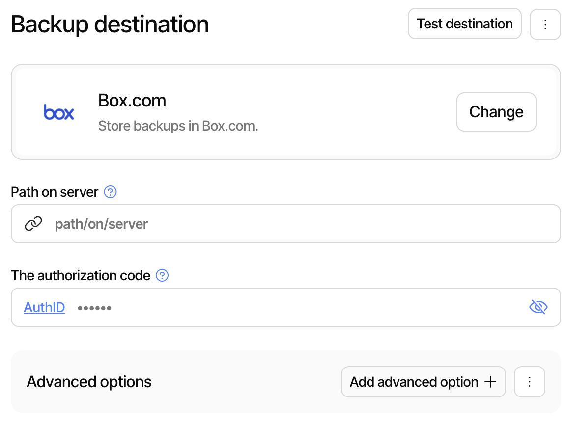View for configuring box.com destination