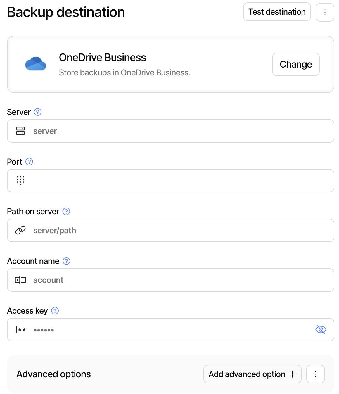 View of the OneDrive Business configuration page