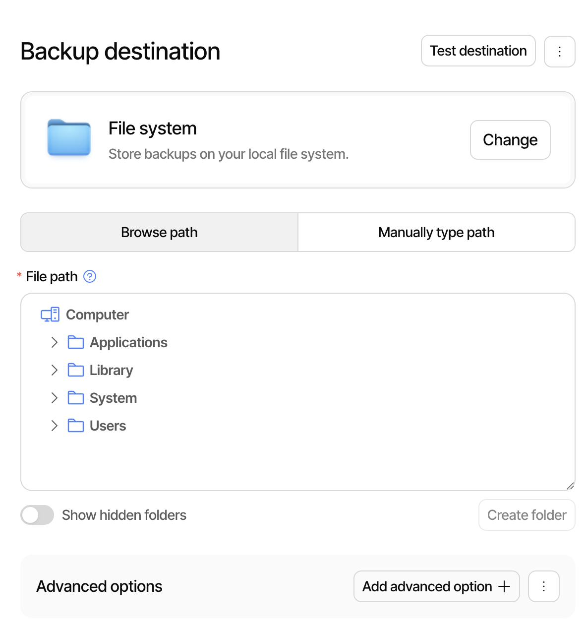 The file-based storage destination configuration view