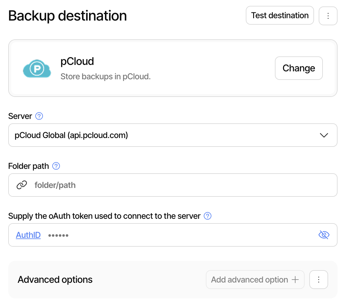 Configuring pCloud destination