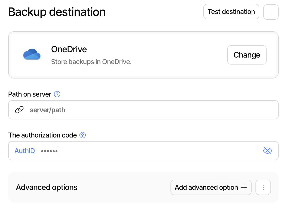 View of the configuration page for the OneDrive destination