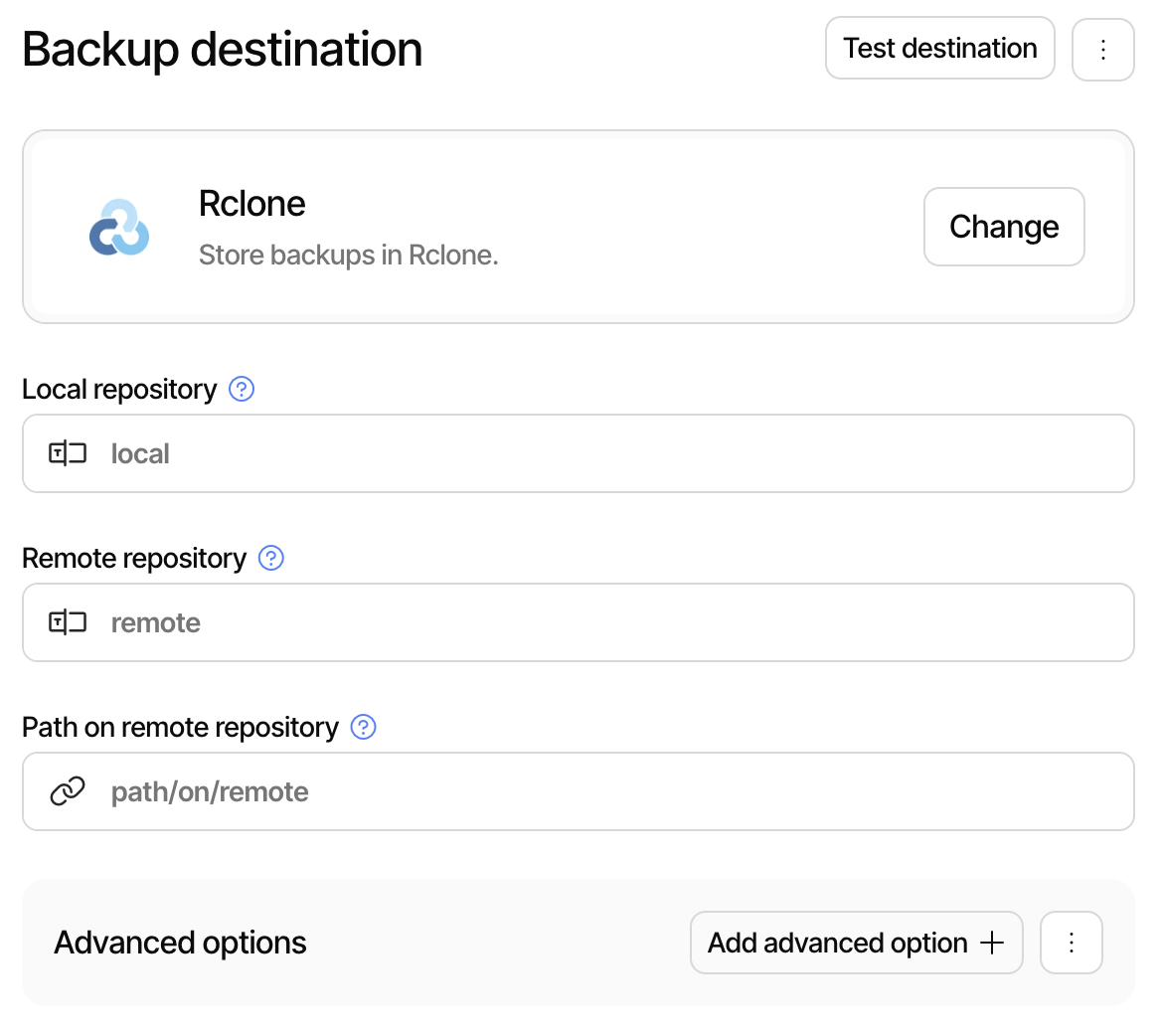 View of the Rclone configuration page