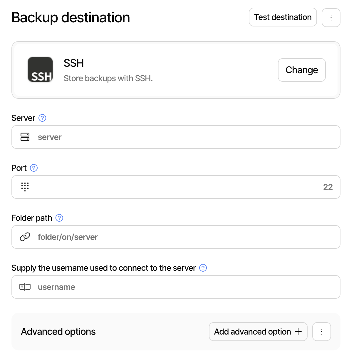 View of the SSH connection configuration screen