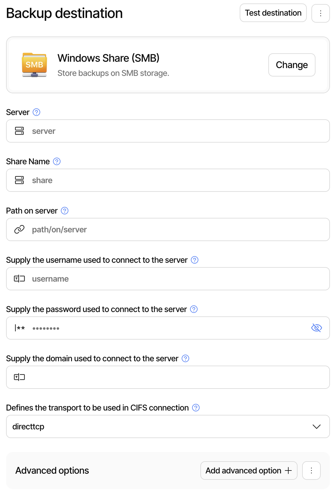 View of the SMB configuration page