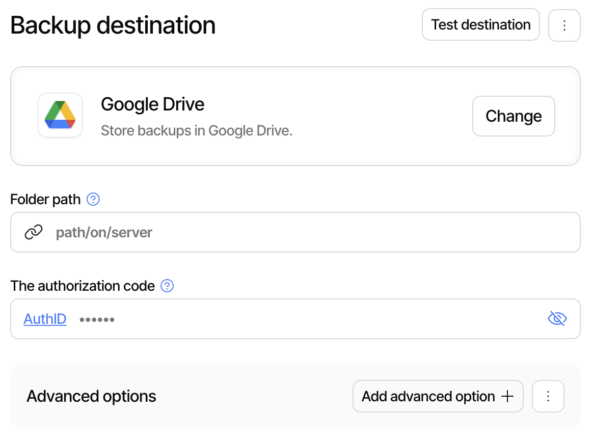 View of configuration of the Google Drive destination