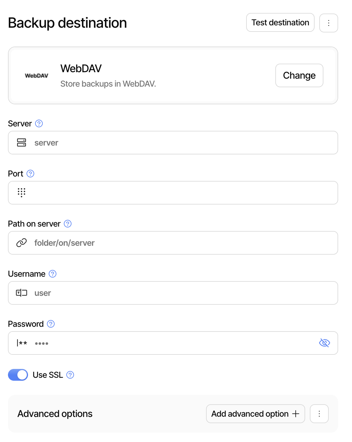 Showing the options needed for configuring the WebDAV connection