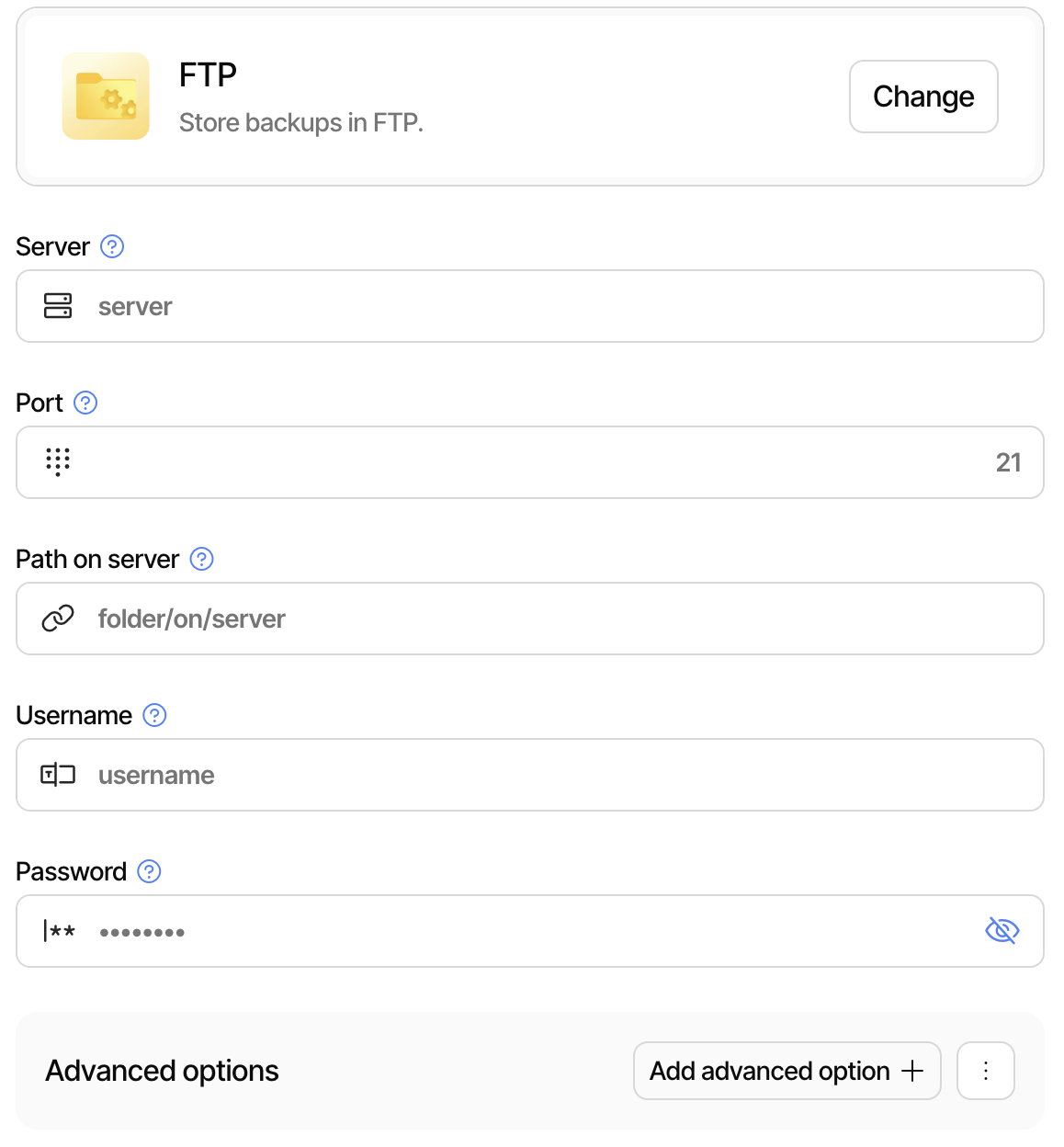 View of the FTP configuration page