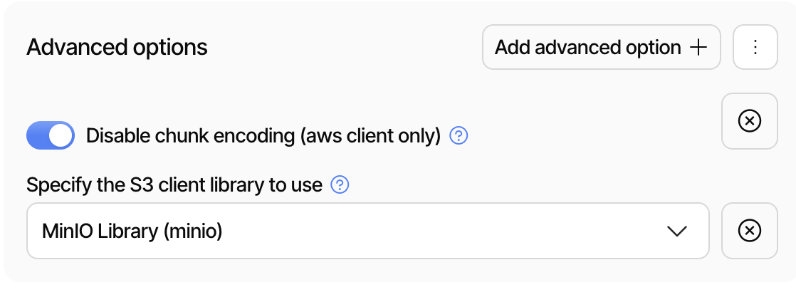 Advanced options picked for compatibility with non-AWS storage
